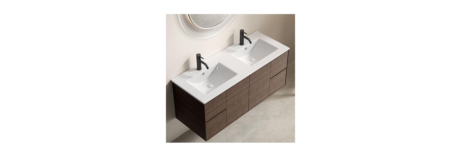 BUSDAYS Double Bowl Ceramic Bathroom Sink - 121 x 46 x 17cm Thin Edge Vanity Basin, Dual Countertop Porcelain Wash Basin