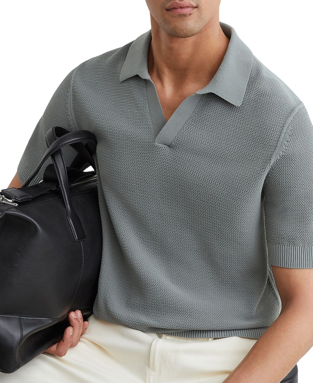 REISS Men's Leon Cotton-Blend Basket-Stitch Open-Collar Polo Shirt