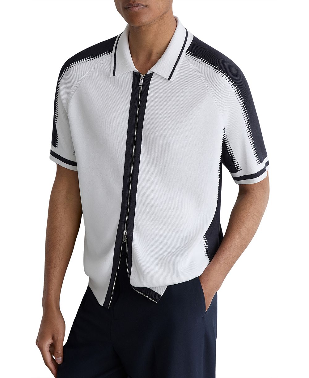 REISS Men's Kenley Zip Through Color Block Knit Shirt