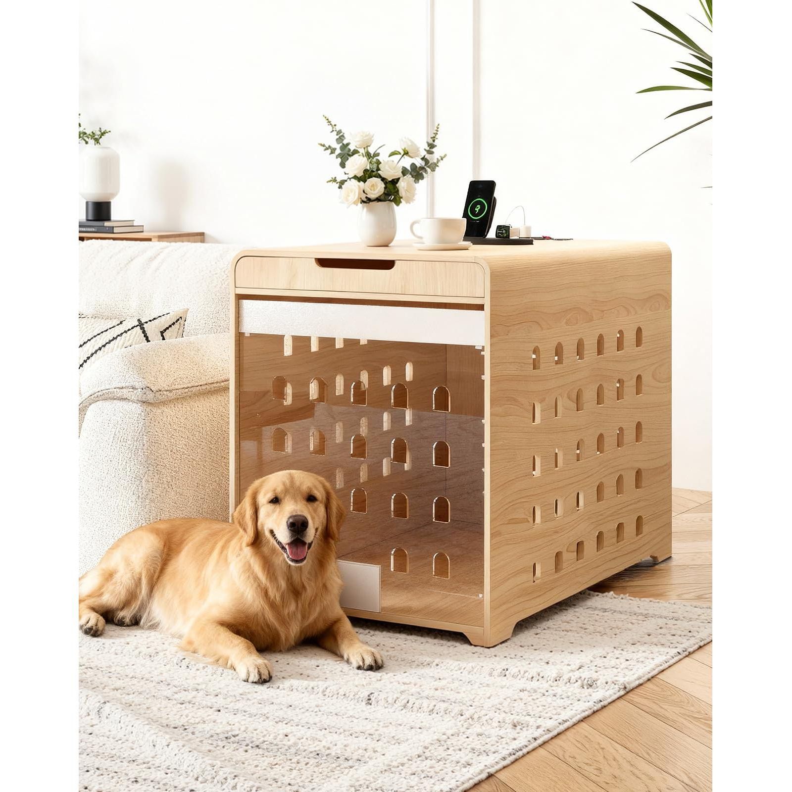 Мебель для домашних животных SUGIFT 37-Inch Oak Dog Crate с зарядной станцией, большой деревянный вольер-прикроватная тумба с акриловой дверцей