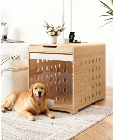 SUGIFT 37-Inch Oak Dog Crate Furniture with Charging Station, Large Indoor Wood Kennel Side Table with Flip Up Acrylic Door