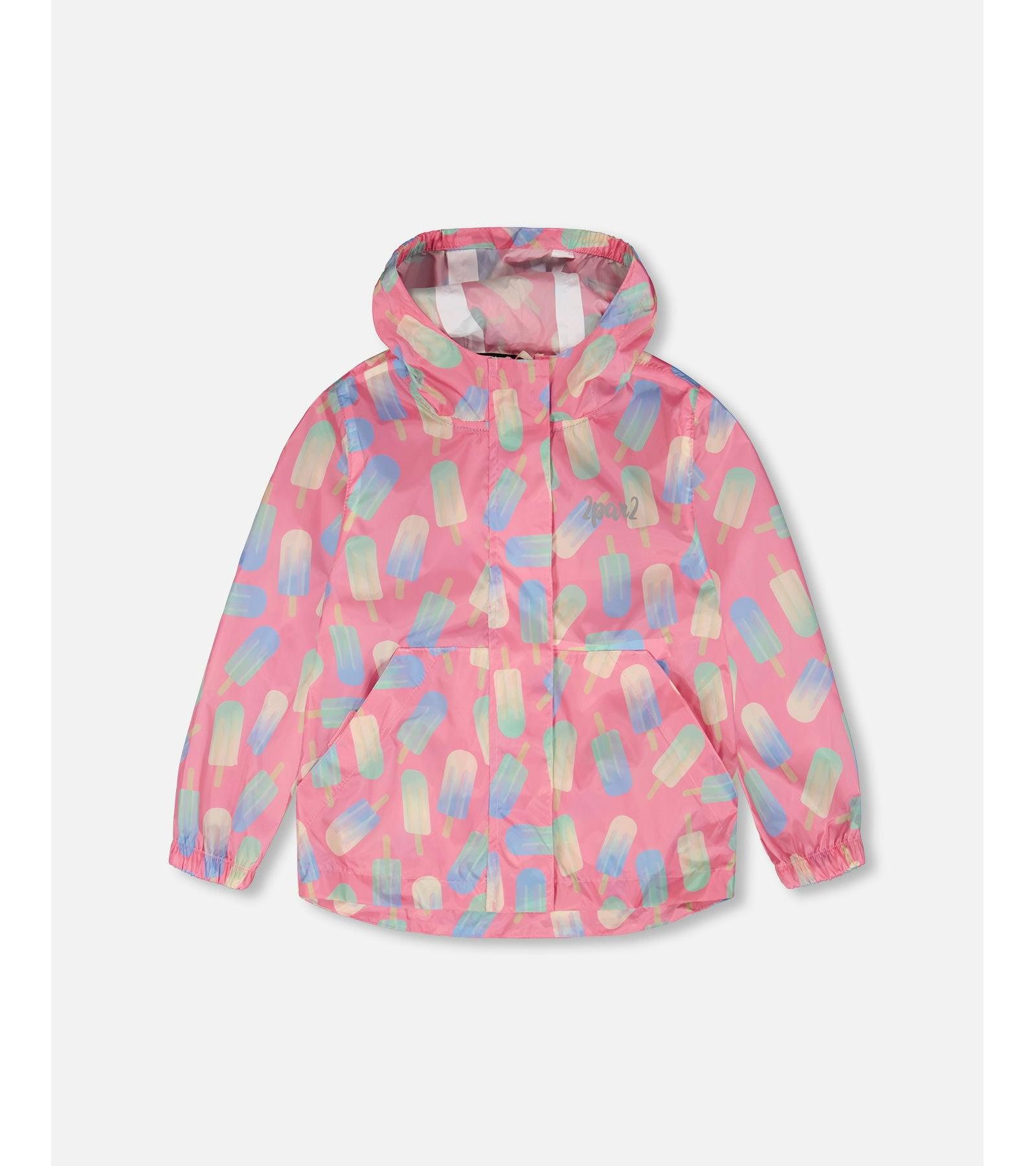 Deux par Deux Girls Packable Windbreaker in Polyester Lollipop Print
