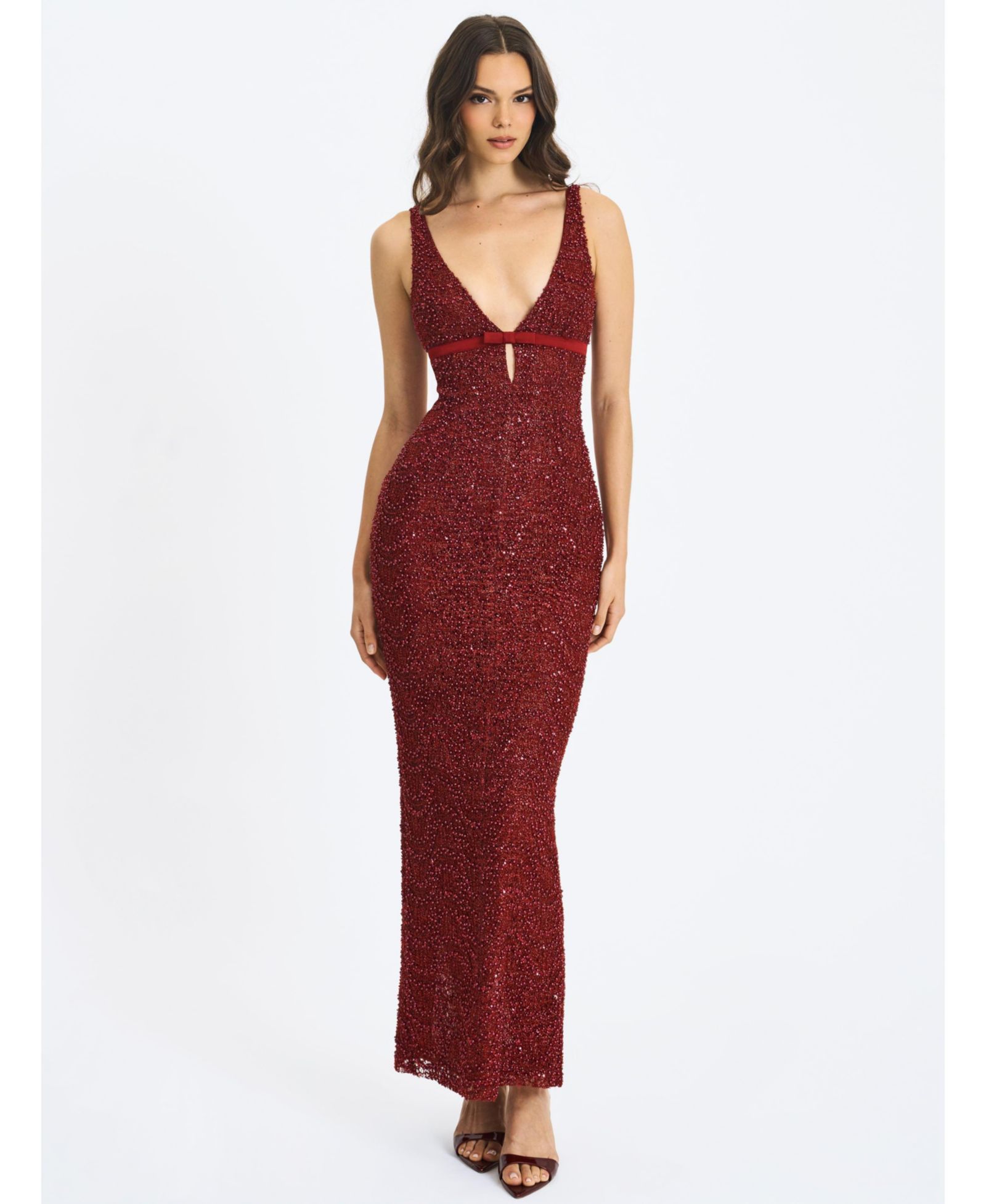 Miss Circle Women's Elora Crimson Sequin Beaded Keyhole Maxi Dress