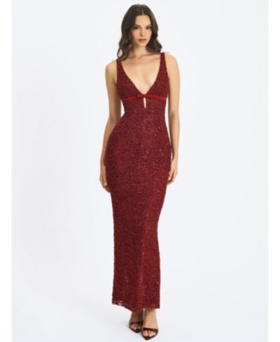 Miss Circle Women's Elora Crimson Sequin Beaded Keyhole Maxi Dress