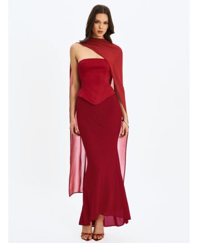 Miss Circle Женское Giselle Crimson Peplum Mermaid Gown with Chiffon Scarf