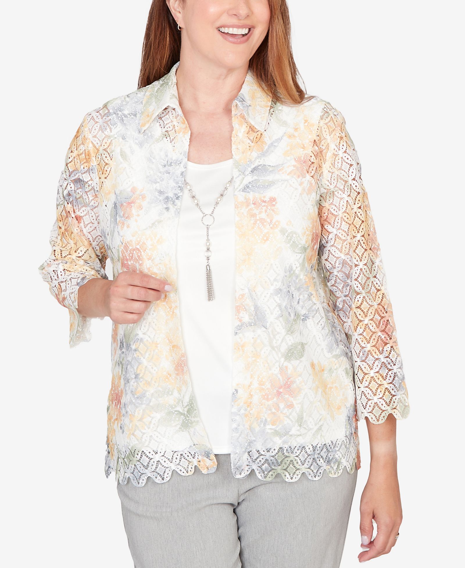 Топ Alfred Dunner Women's Al Fresco Lace Floral Two-In-One with Necklace