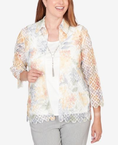 Alfred Dunner Women's  Al Fresco Lace Floral Two-In-One Top with Necklace