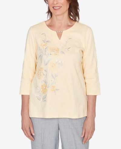Alfred Dunner Women's  Al Fresco Asymmetrical Floral Embroidered Textured Top