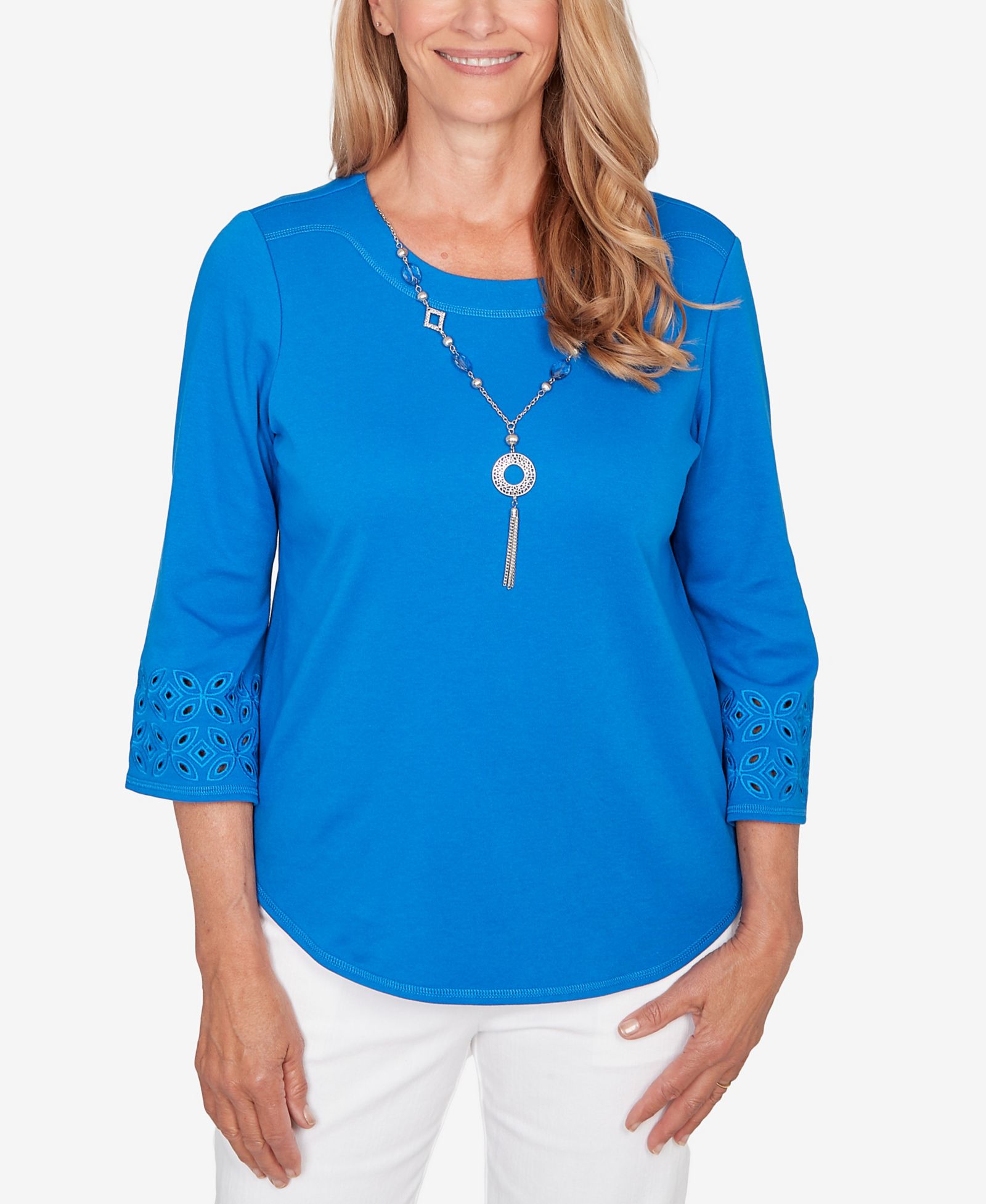Alfred Dunner Women's  Mykonos Eyelet Sleeve Solid Top with Necklace