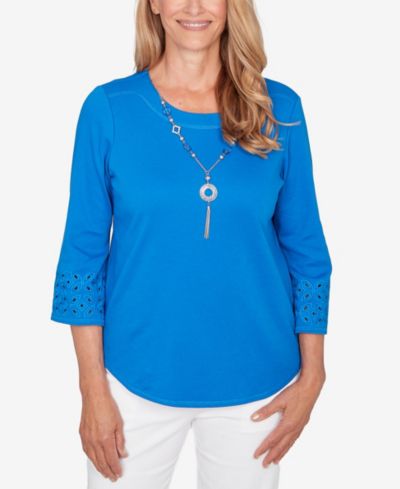Alfred Dunner Women's  Mykonos Eyelet Sleeve Solid Top with Necklace