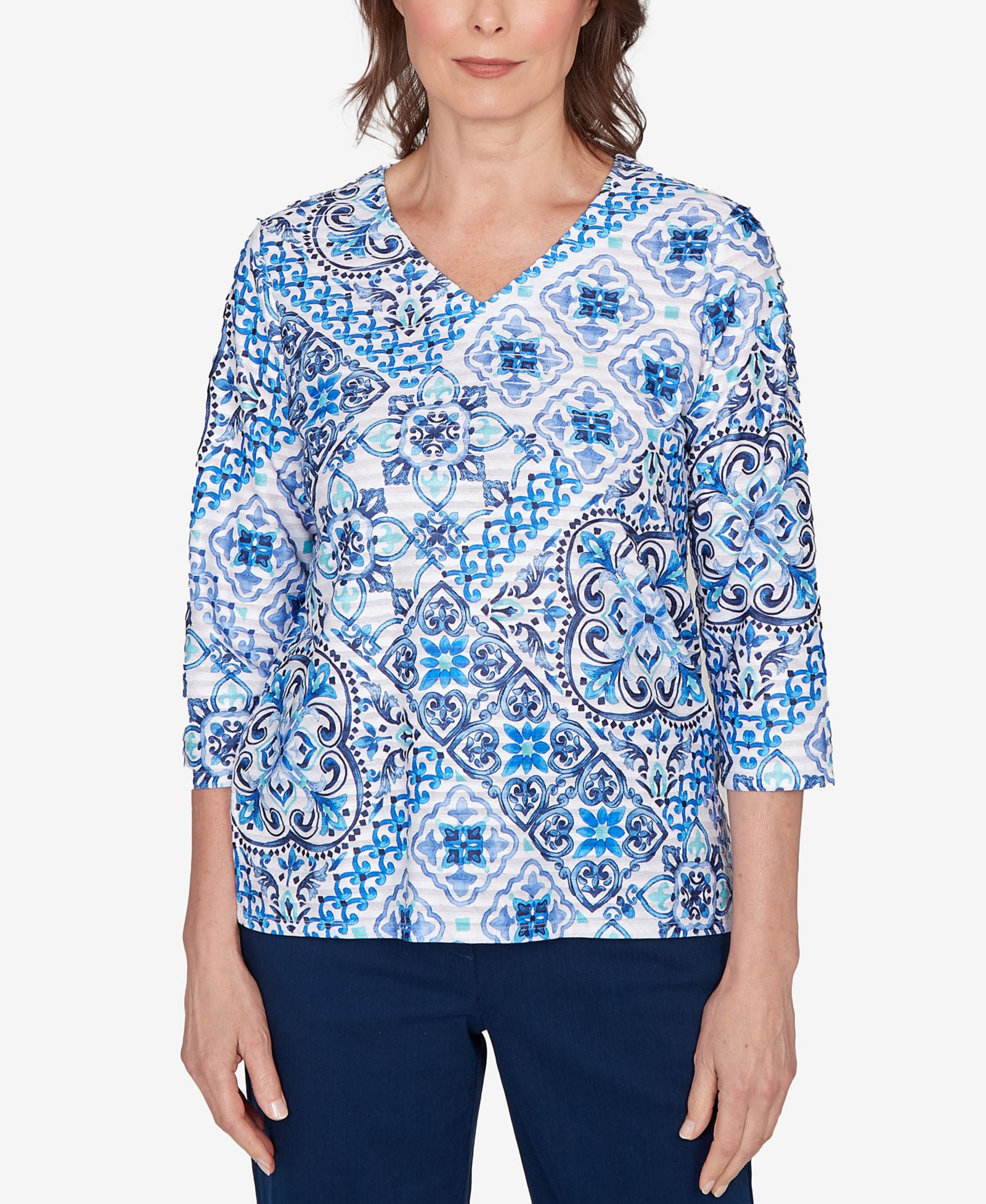Alfred Dunner Women's  Mykonos Aegean Tile V-Neck Top