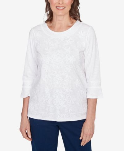 Alfred Dunner Women's  Mykonos White Medallion Embroidered Top