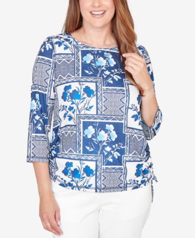 Alfred Dunner Women's  Mykonos Framed Floral Ruched Side Tie Top