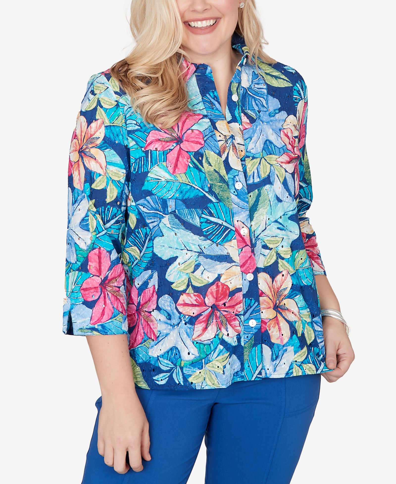 Alfred Dunner блузка The Royal Treatment Tropical Eyelet Button-Down Женская
