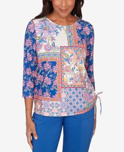 Alfred Dunner Women's  The Royal Treatment Geometric Floral Tie Ruched Top