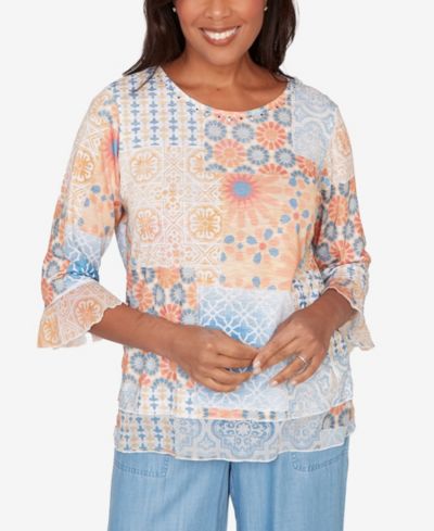 Alfred Dunner Women's  Beachcomber Patchwork Medallion Ruffle Sleeve Top
