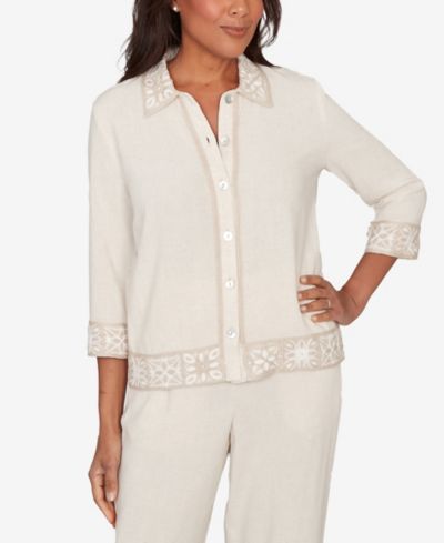 Alfred Dunner Women's  Natural Wonder Embellished Crochet Trim Linen Jacket