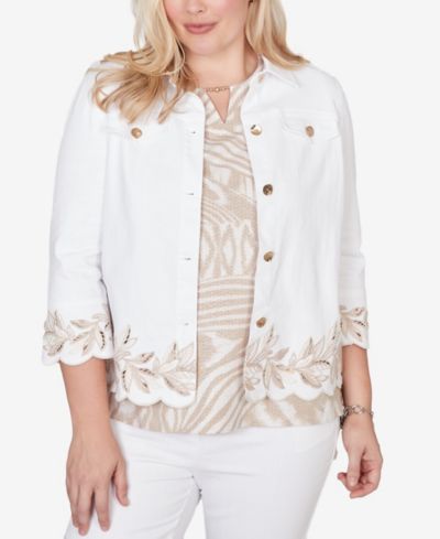 Alfred Dunner Women's  Natural Wonder Leaf Cutout Embroidered Shirt Jacket