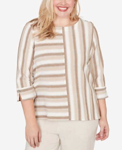 Alfred Dunner Women's  Natural Wonder Spliced Stripe Three Quarter Sleeve Top
