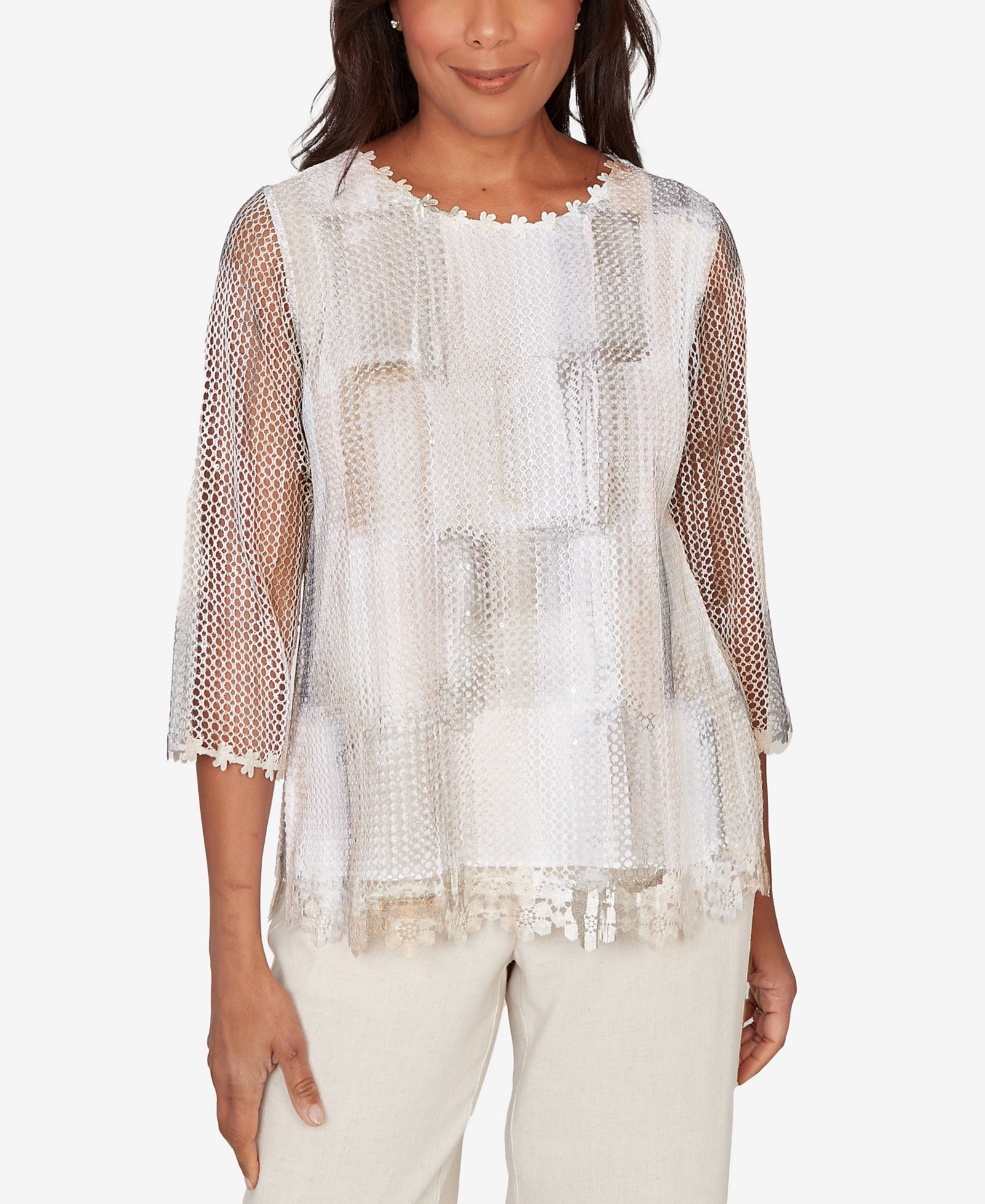 Alfred Dunner Women's  Natural Wonder Neutral Brushstrokes Mesh Top