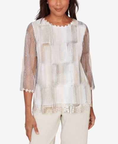 Alfred Dunner Women's  Natural Wonder Neutral Brushstrokes Mesh Top