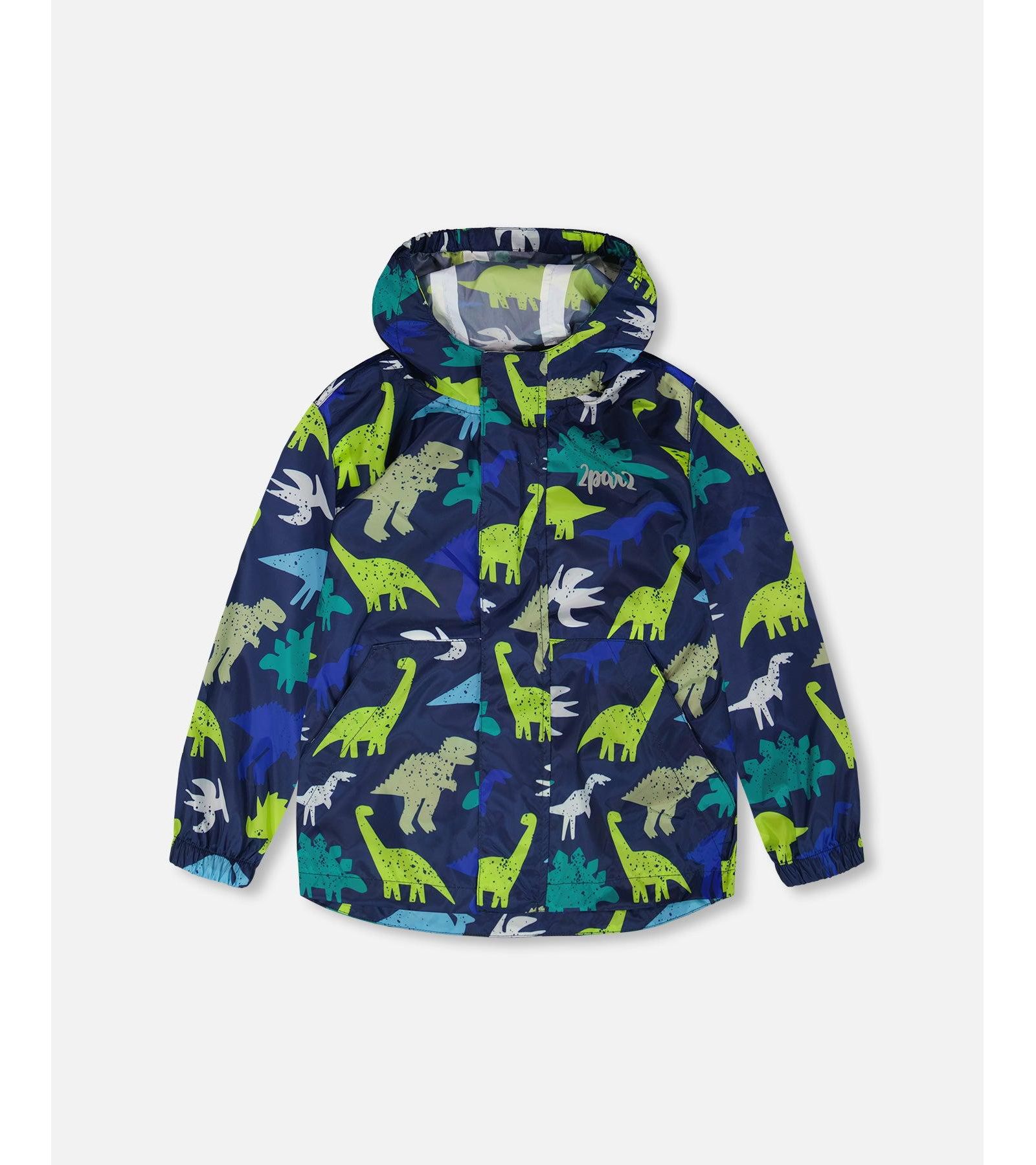 Deux par Deux Boys Packable Windbreaker in Polyester Dinosaur Print