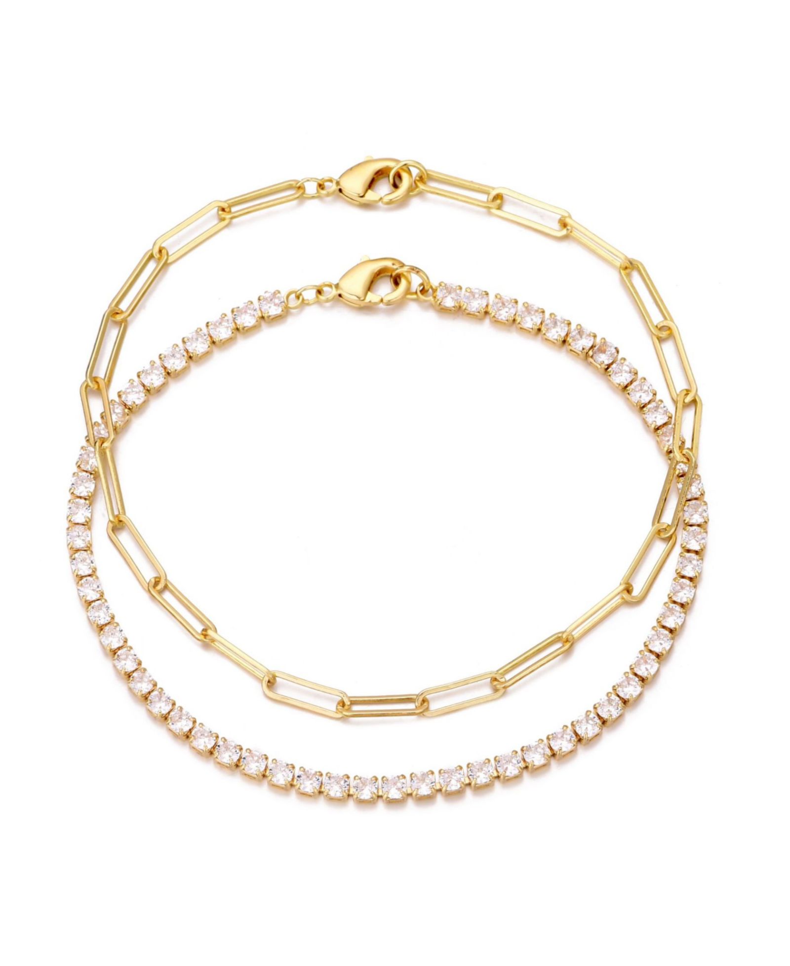 ADORNIA Gold Tennis and Paperclip Chain Bracelet Set