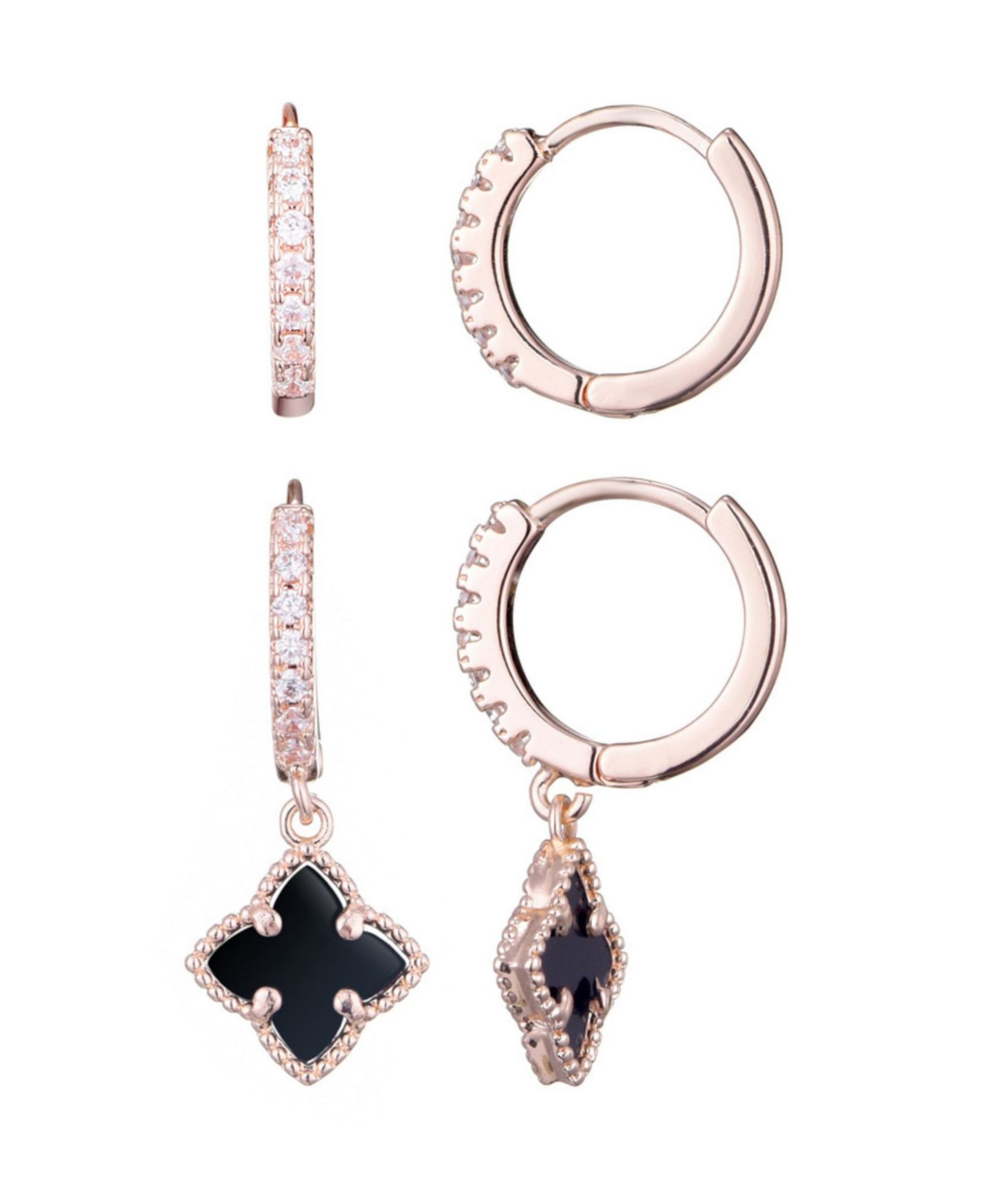 Набор сережек-кольцо ADORNIA Rose Gold CZ Black Clover Huggie