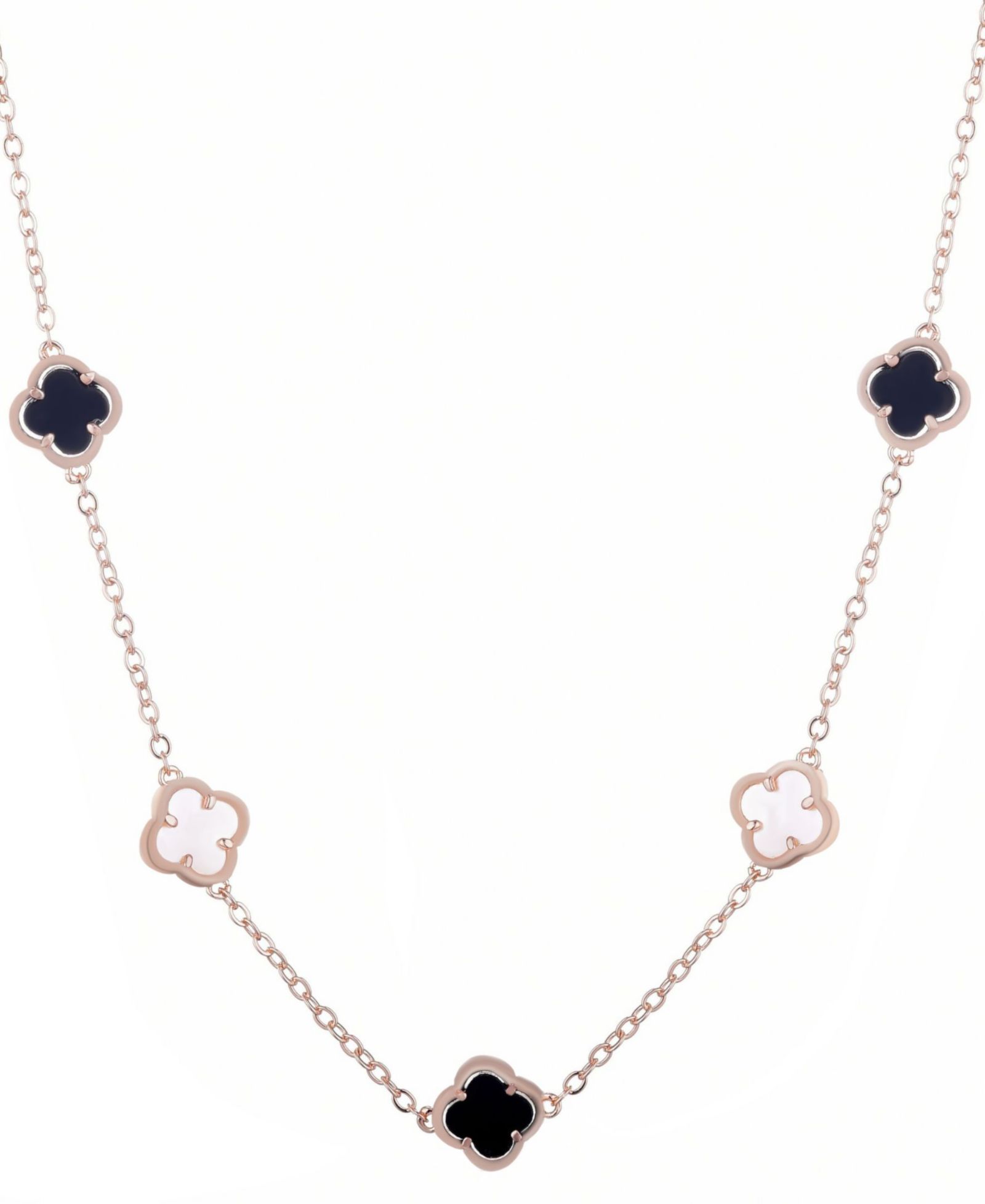 ADORNIA Rose Gold Mixed Black and White Clover Station Necklace