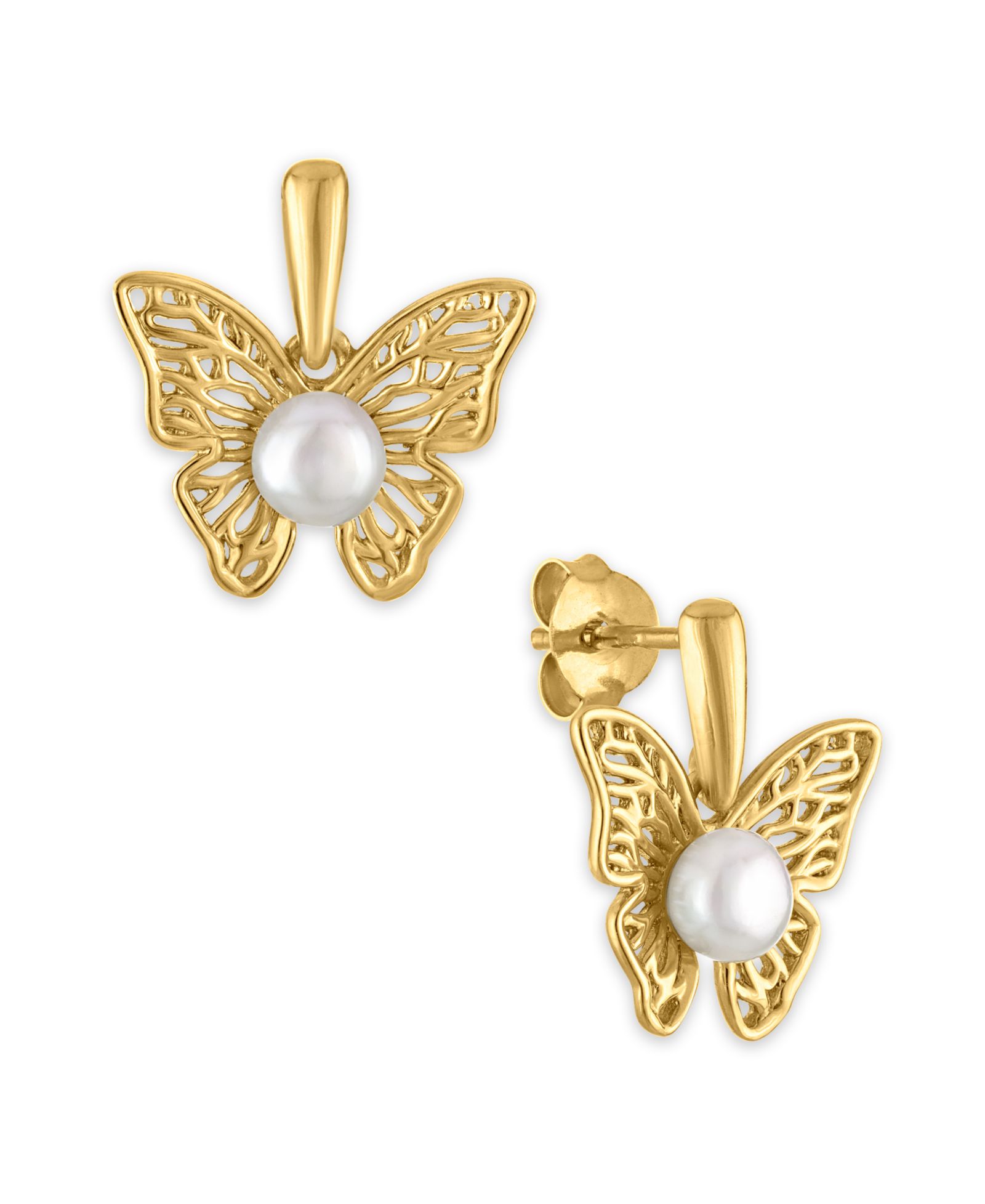 Серьги бабочка с культивированным речным жемчугом (4mm) в золоте 14k поверх стерлингового серебра