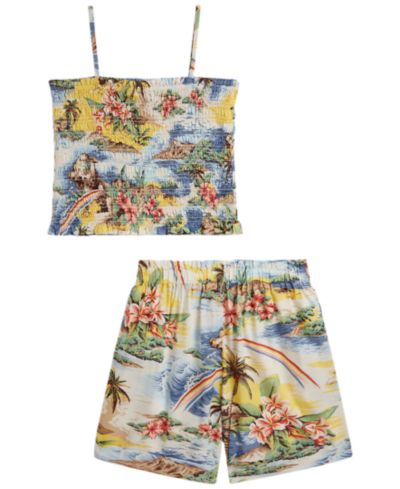 Детский комплект Polo Ralph Lauren Girls' 7-16 Tropical-Print Smocked Boxy Top & Short, 2-Piece Set
