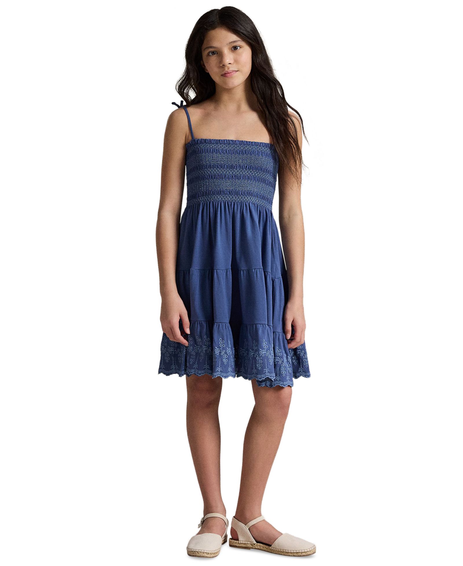 Детское хлопковое джерси платье Polo Ralph Lauren 7-16 Smocked Eyelet
