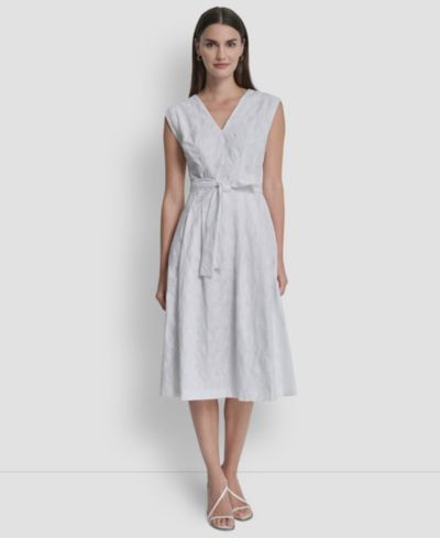 DKNY Женское миди-платье с вышивкой и рукавом-крыло, V-образным вырезом, Cap-Sleeve