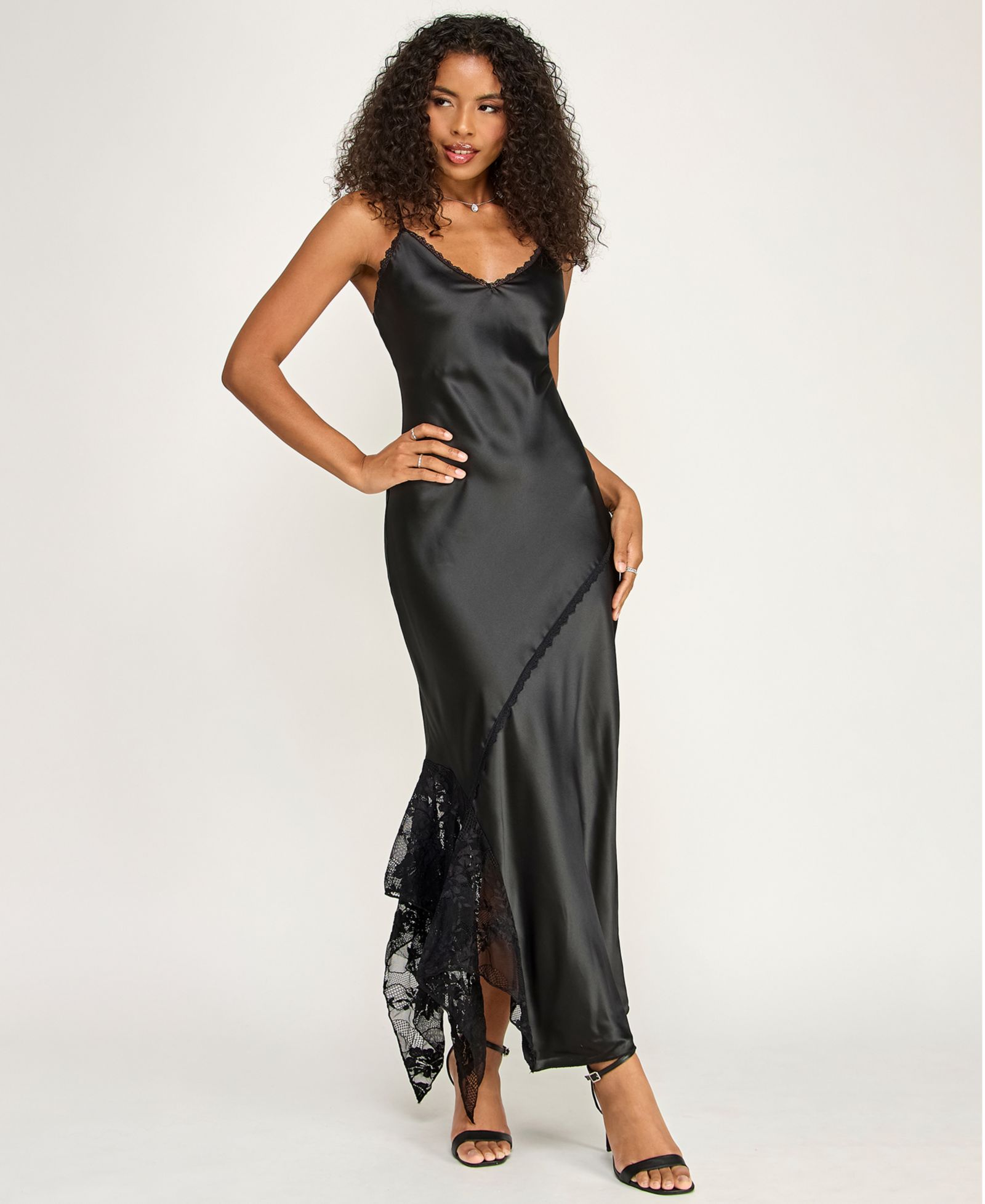 KATIA RAE Juniors' Sleeveless V-Neck Satin and Lace Slip Dress