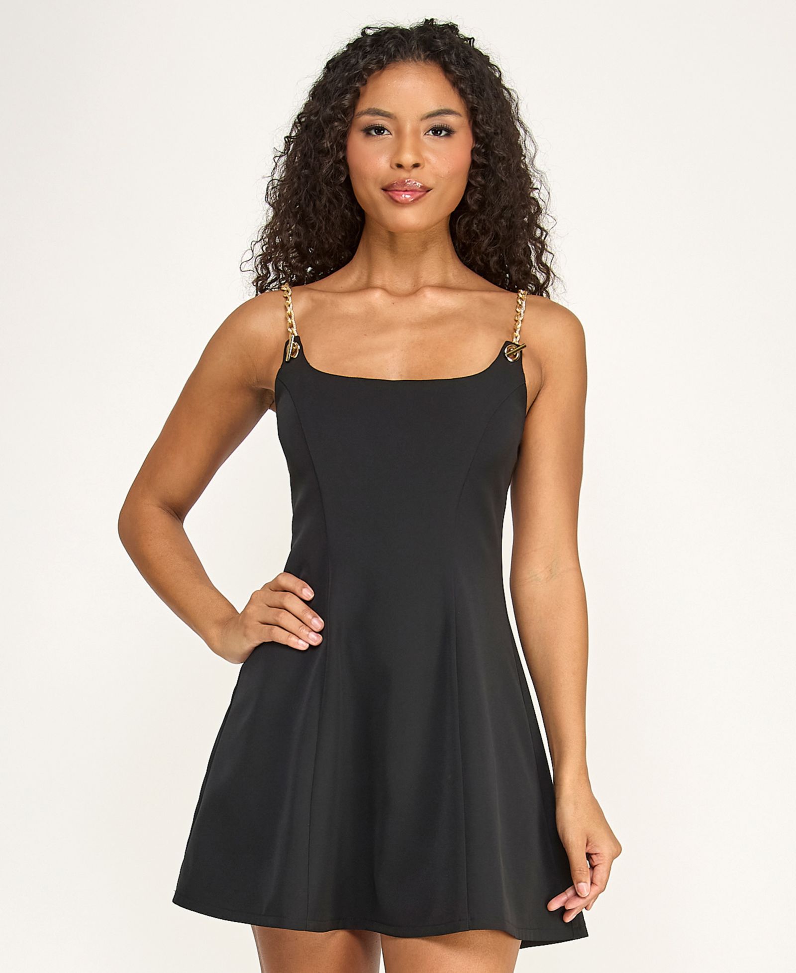 SENI & CADE Juniors' Scoop Neck Chain-Link Straps Flared Dress