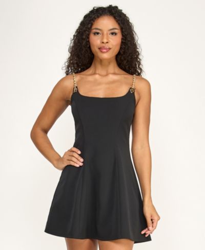 SENI & CADE Juniors' Scoop Neck Chain-Link Straps Flared Dress
