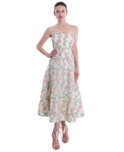 Marchesa Notte Women's Midi Strapless 3D Floral Embroidery Dress