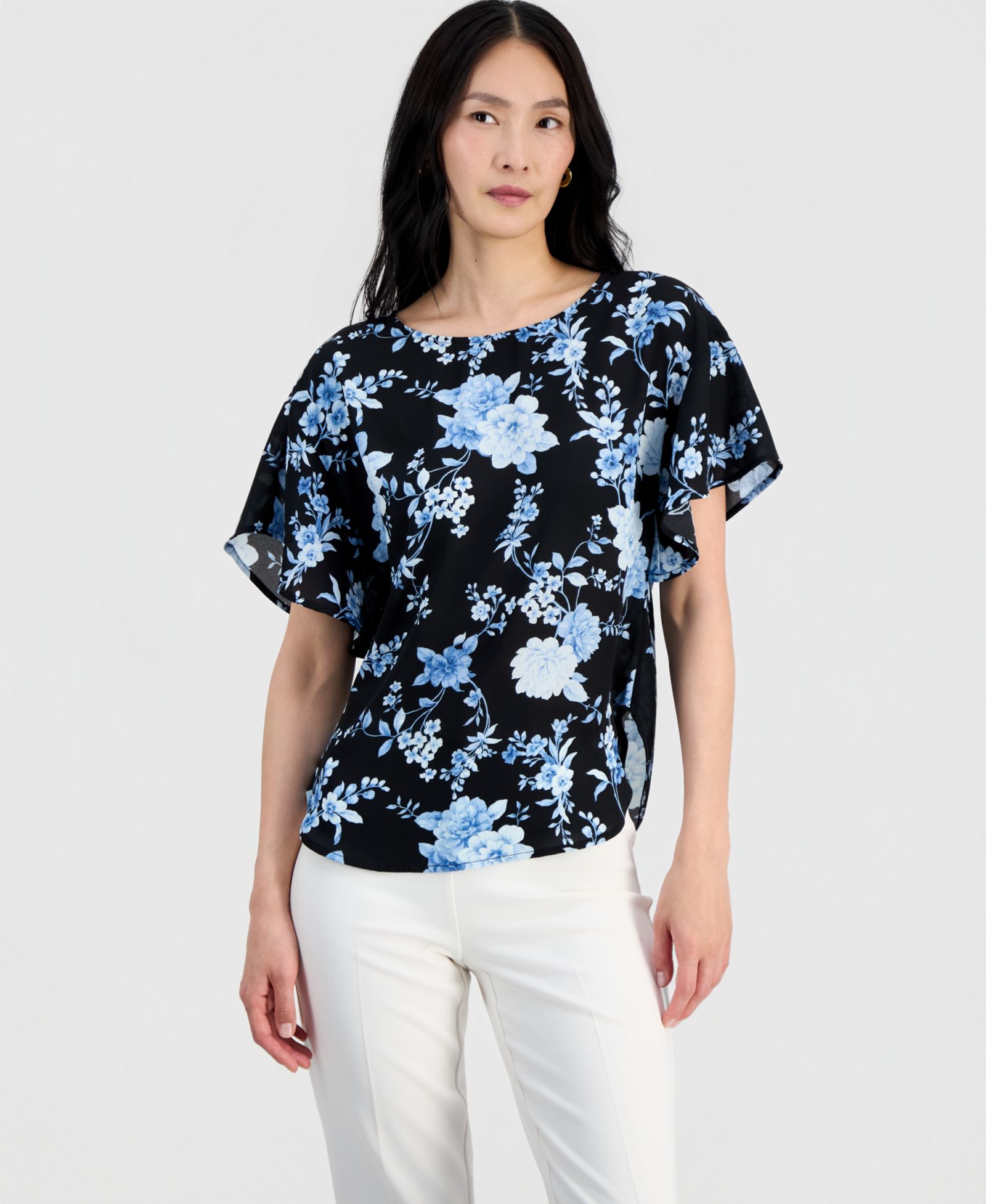 Anne Klein Petite Flutter-Sleeve Bateau Neck Blouse