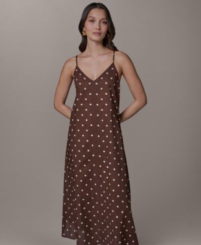 Donna Karan Weekend Women's Cotton Voile Dot Print Elastic Back V-Neck Spaghetti Strap Maxi Dress