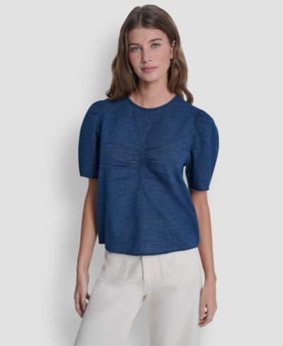 DKNY Jeans Women's Puff Short-Sleeve Crew Neck Ruched Shirt