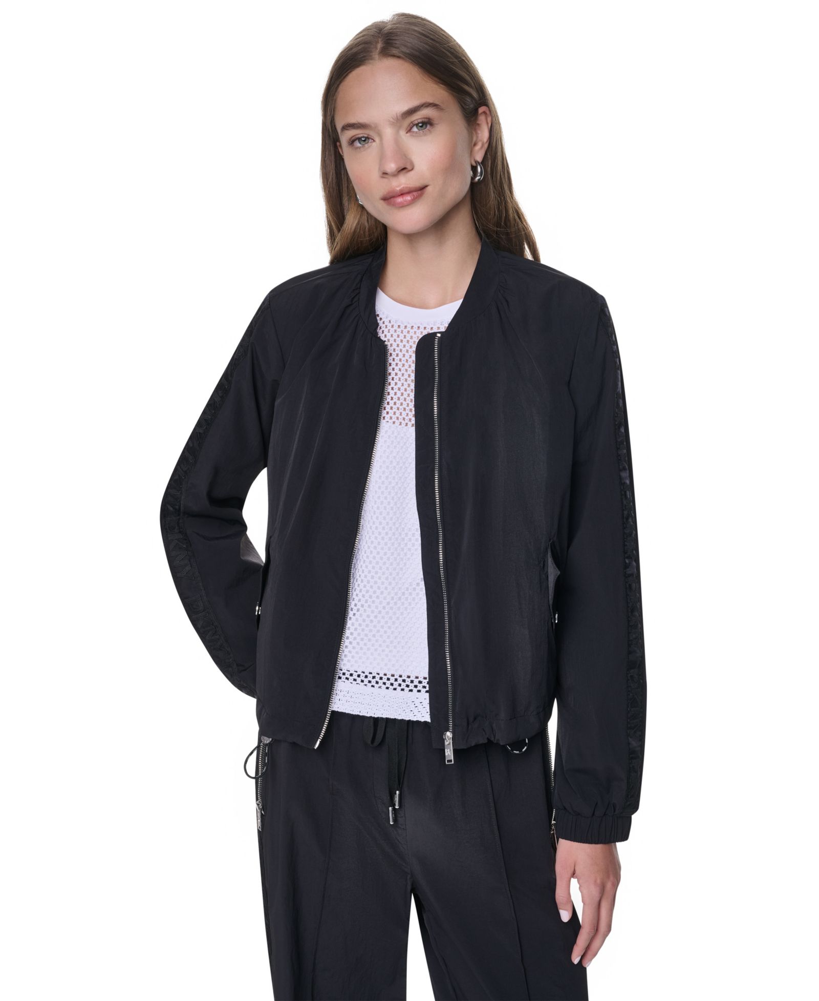 DKNY Women's Logo Trim Rumpled Bomber Tech Jacket