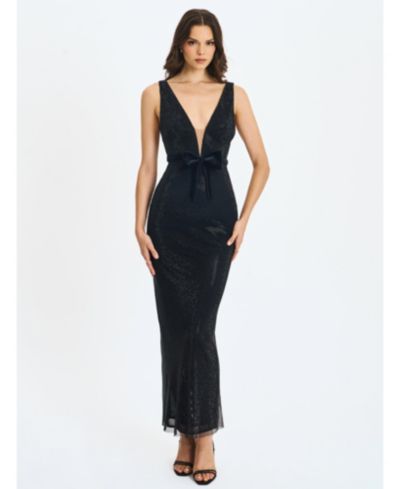 Miss Circle Women Olympia Black Belted Bow Plunging Rhinestone Maxi Dress