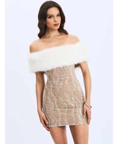 Miss Circle Women's Averie Faux Fur Off-Shoulder Sequin Mini Dress