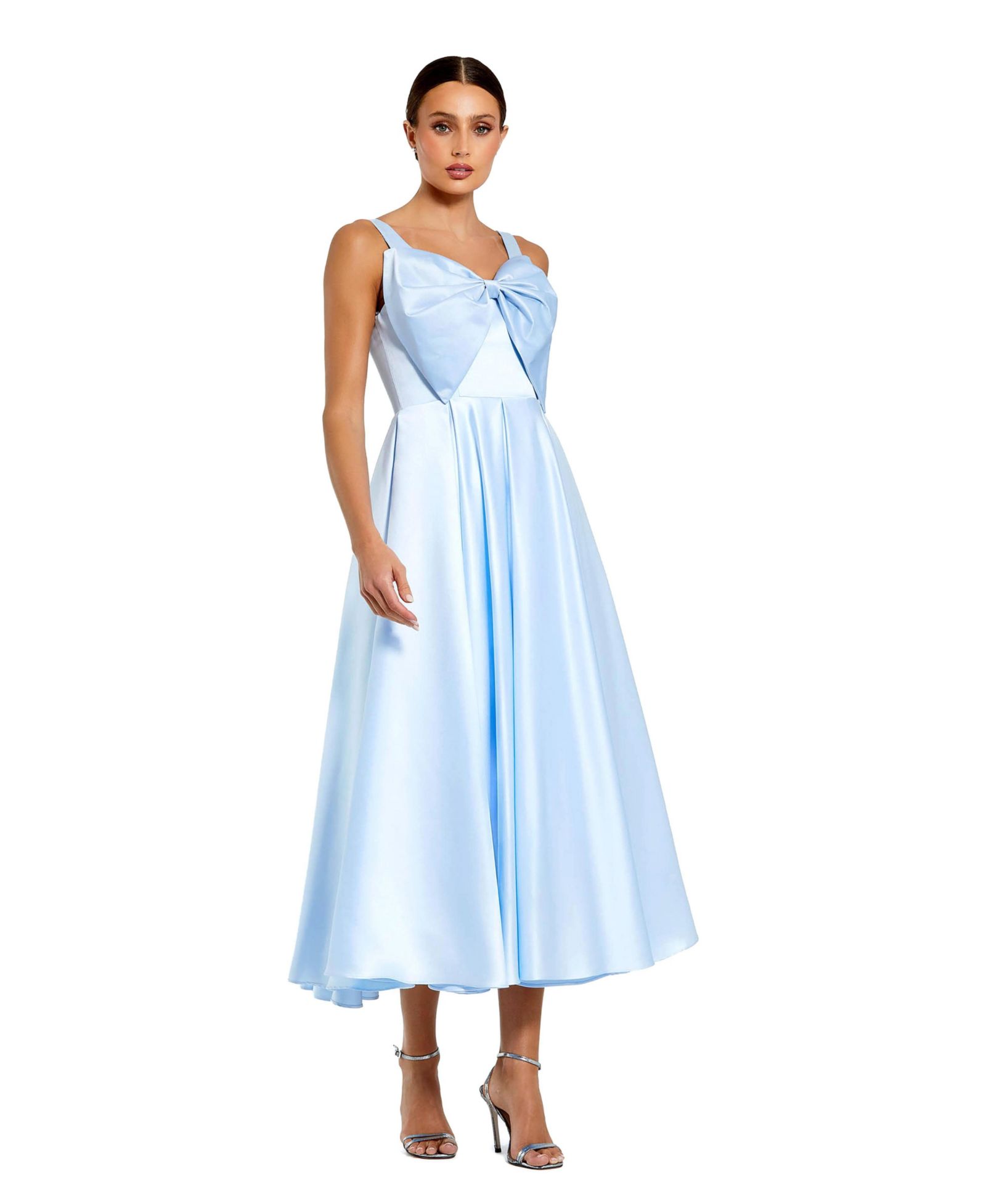 Женское атласное платье миди Mac Duggal без рукавов с бантом