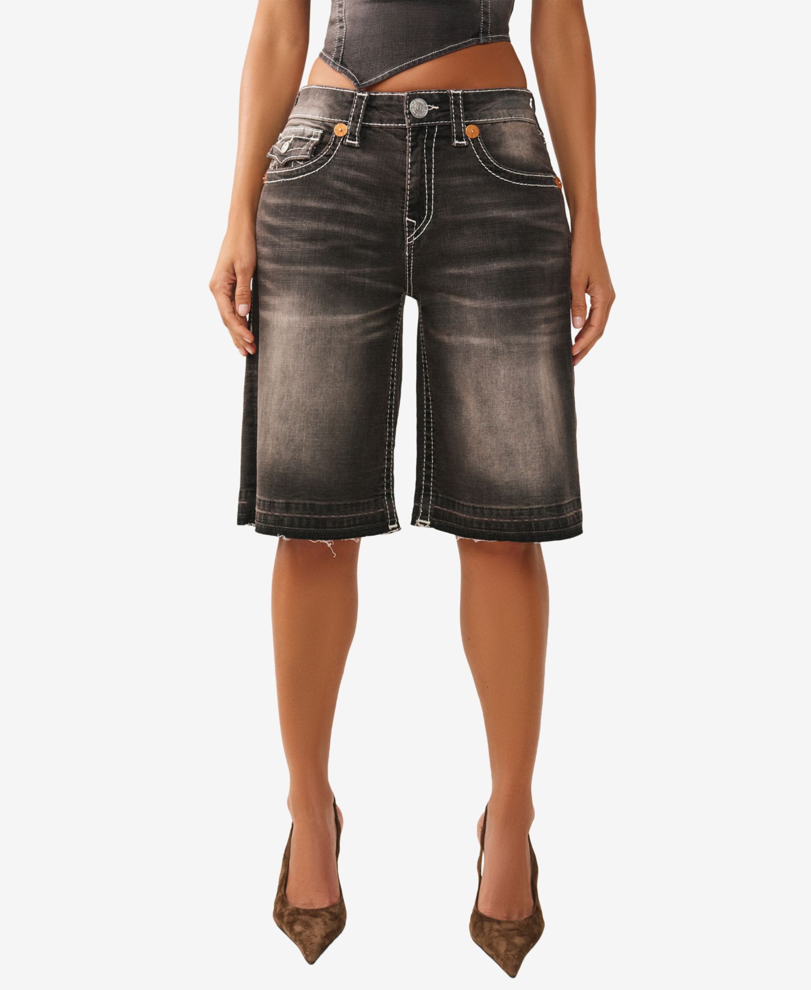 True Religion женские широкие джинсовые шорты с клапаном Big T