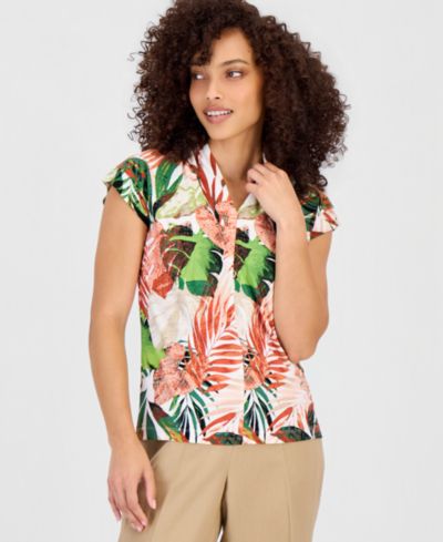Женский топ Kasper Petite Printed Cap-Sleeve V-Neck