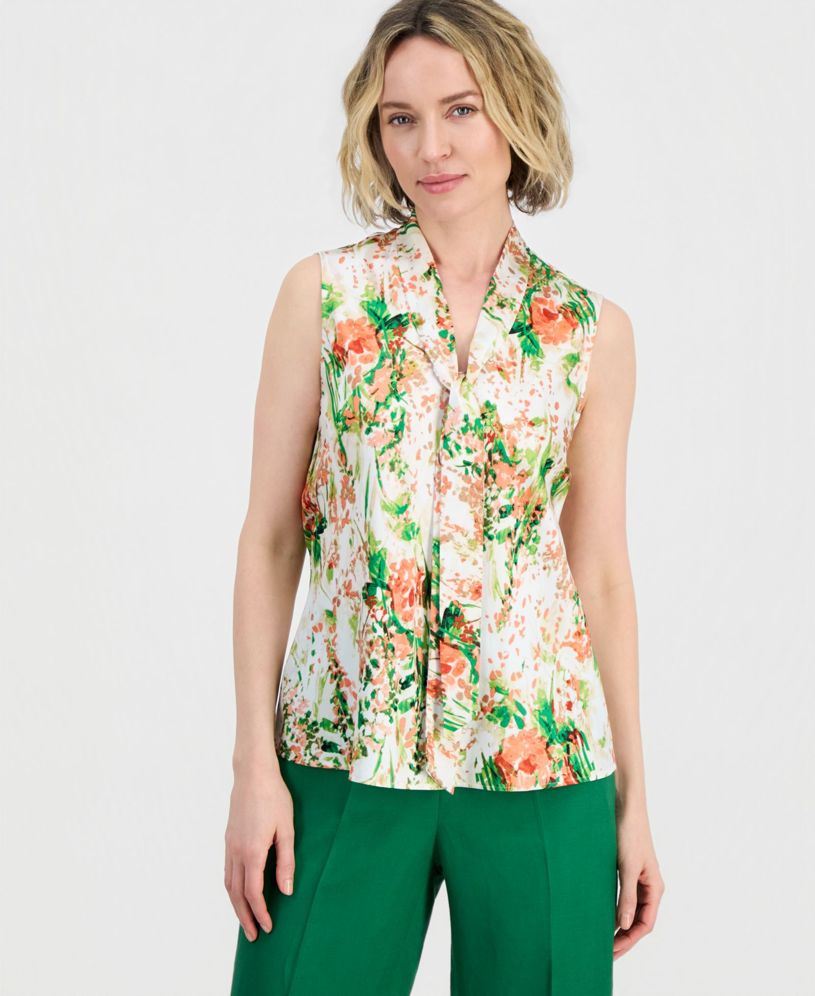 Kasper Женский топ Petite Floral-Print Sleeveless Tie-Neck