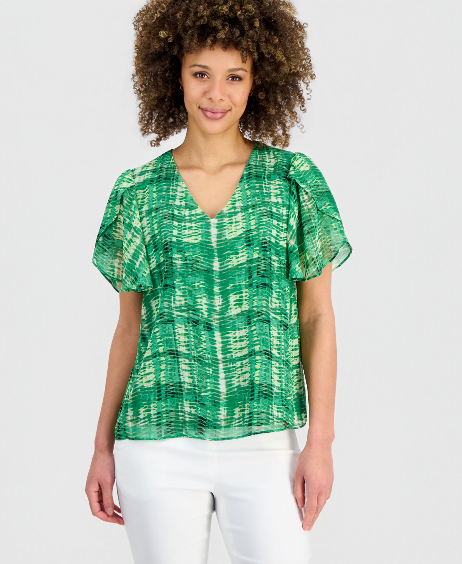 Kasper Petite Tulip-Sleeve V-Neck Top
