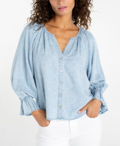 Liverpool Los Angeles Petite Button-Front Shirred Woven Top