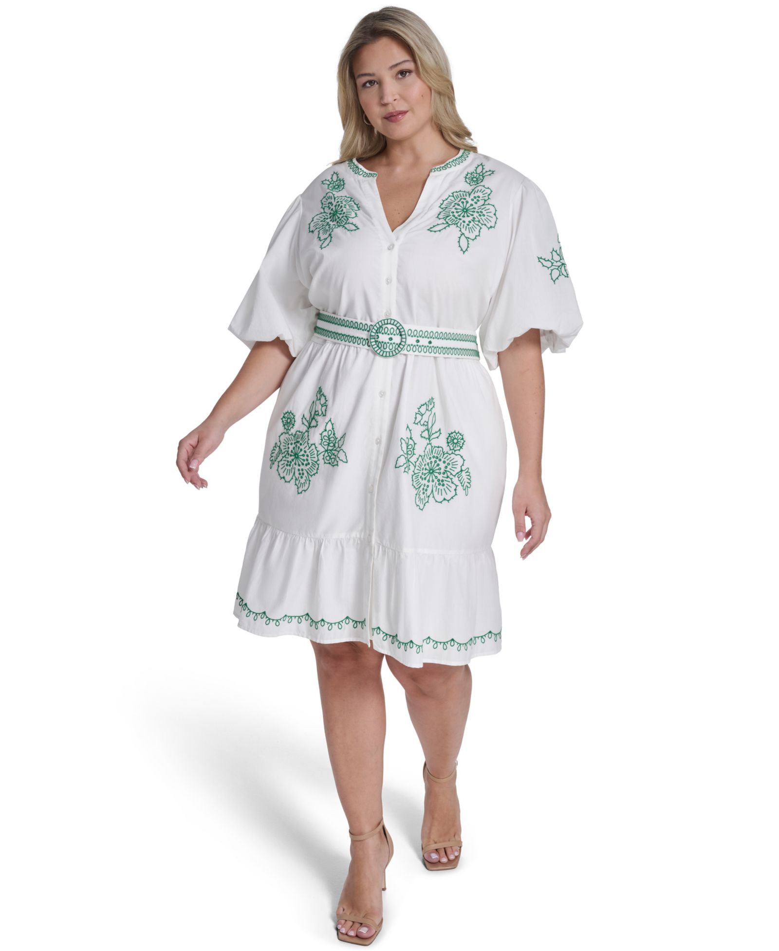 Eliza J Plus Size Puff-Sleeve Embroidered Dress